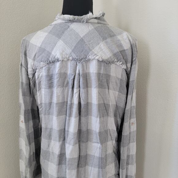 Cloth & Stone Flannel Buffalo Check Henley Long Sleeve Tunic Gray Raw Hem Large - Picture 2 of 15
